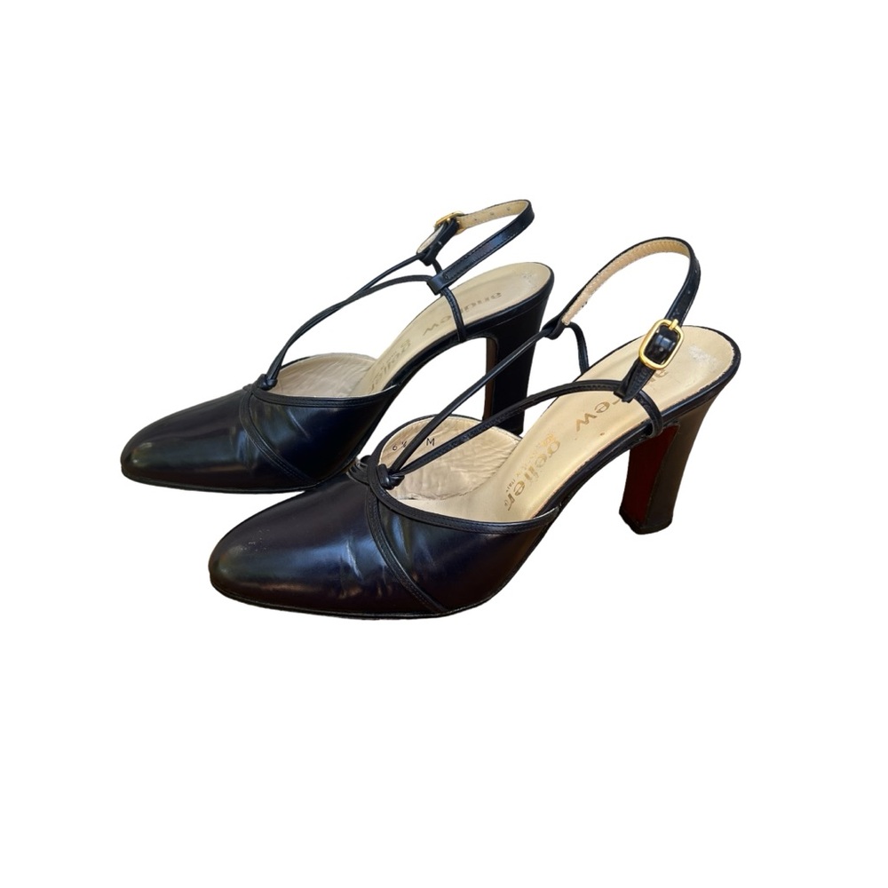 Vintage Italy Leather Slingback Midnight Navy wood sole heels. Sz. 6.5 M